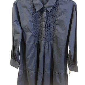 Ophelia Roe Navy Eyelet Bib Tiered Button-Front Dress Sz M - NWT